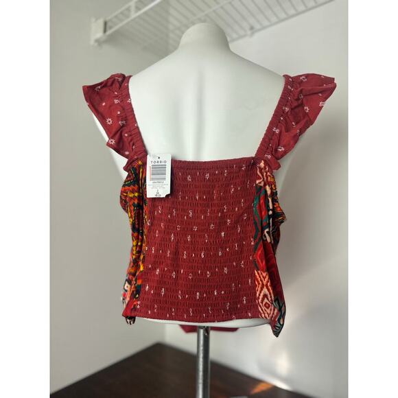 Torrid Burnt Orange and Patterned Challis Ruffle Trim Crop Top Size 2X - Picture 3 of 8